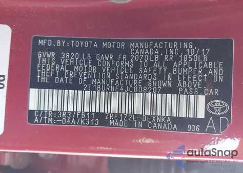 2018 Toyota Corolla Le из США, поврежденный, VIN 2T1BURHE4JC008207